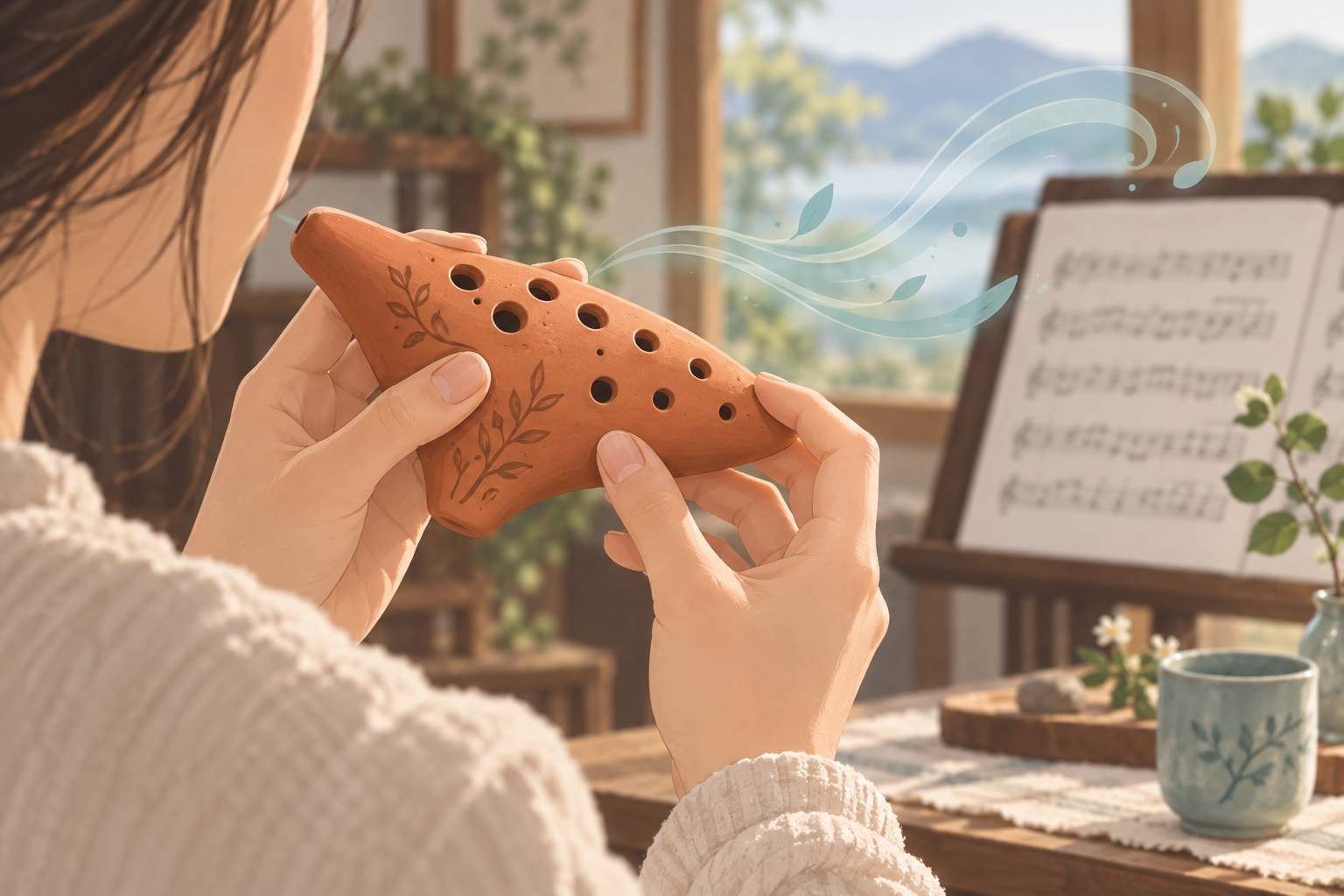 Des mains tiennent un ocarina en terre cuite, des ondes bleues sortent de l'embouchure et une partition attend sur le pupitre